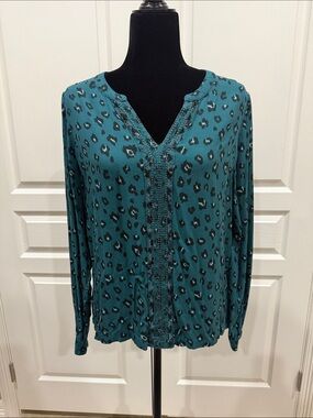 Aventura Teal Leopard-Print V-Neck Button-Front Blouse